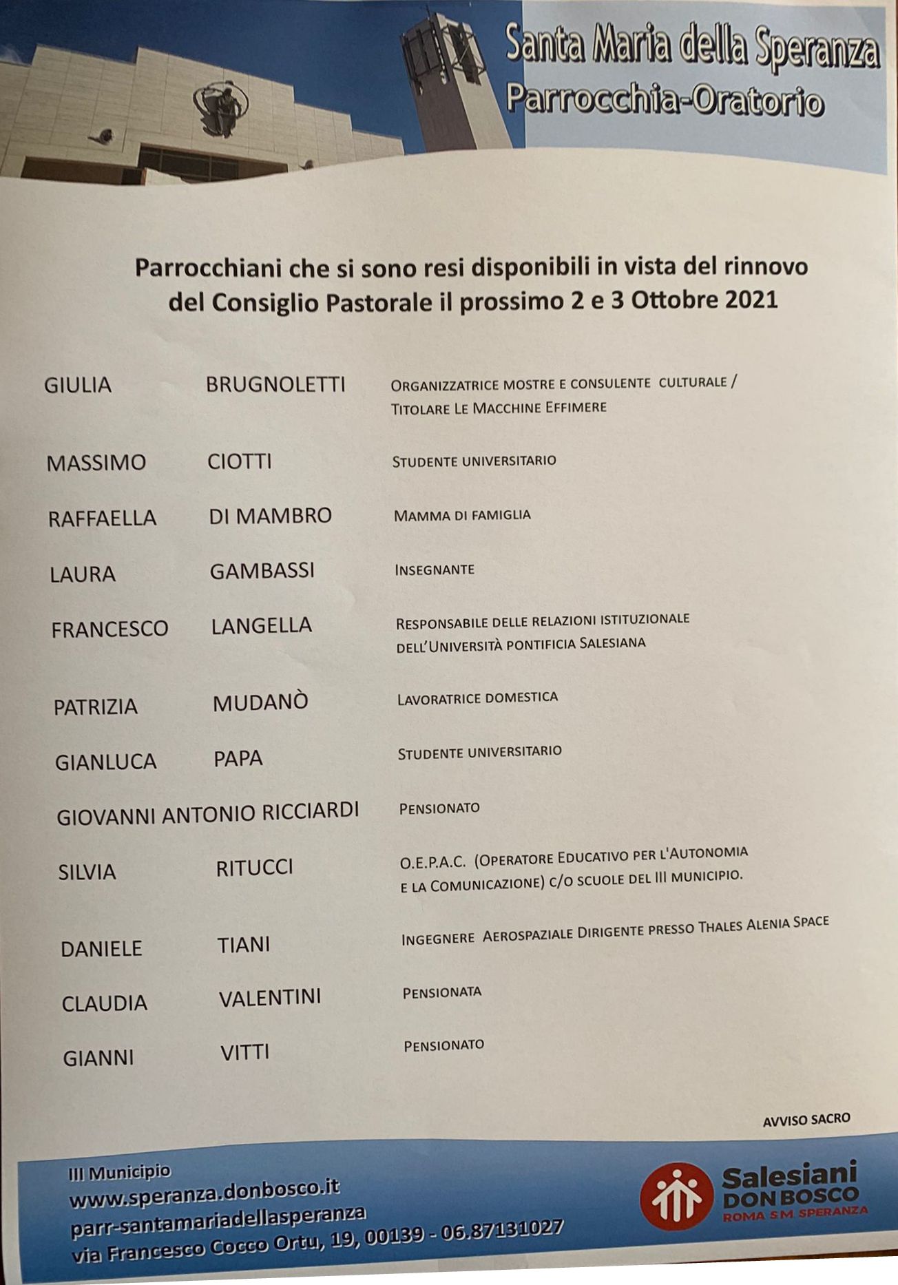 CANDIDATI CONSIGLIO POASTORALE